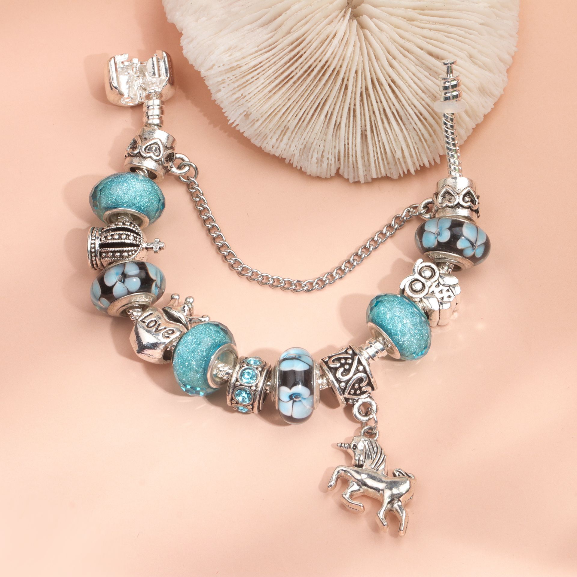 Vintage Water Glass Rhinestone Heart Crown Beaded Unicorn Pendant DIY Bracelet(19cm) โ image 4