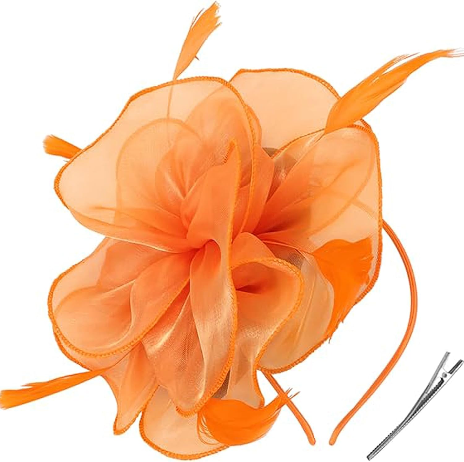 Fascinators Hat for Women Tea Party,Orange Feather Mesh Flower Fascinator with Headband and Clip Wedding Tea Party Derby Fascinator Hats