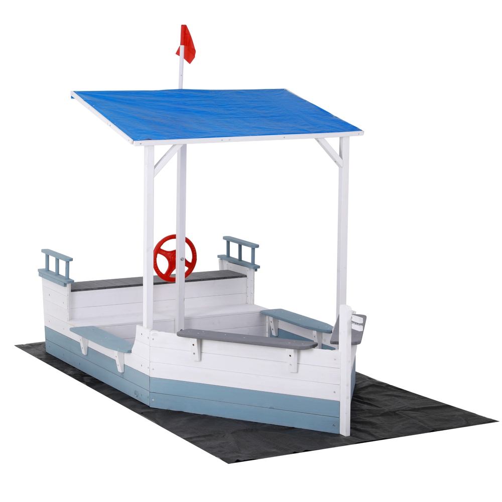 Keezi Kids Sandpit Wooden Box Boat Canopy Flag Outdoor Toys Children Blue — image 3