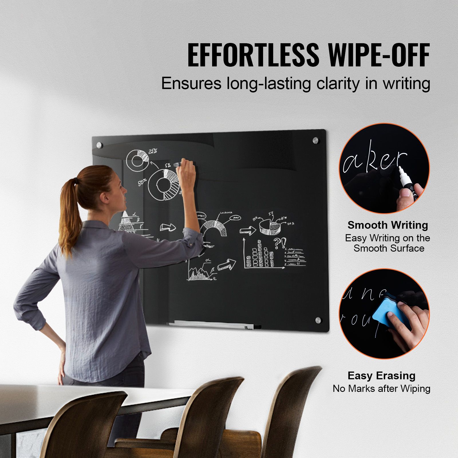 Magnetic Glass Whiteboard, Dry Erase Board 36"x24", Wall-Mounted Large White Glassboard Frameless, with Marker Tray, an Eraser and 2 Markers, Black — image 2