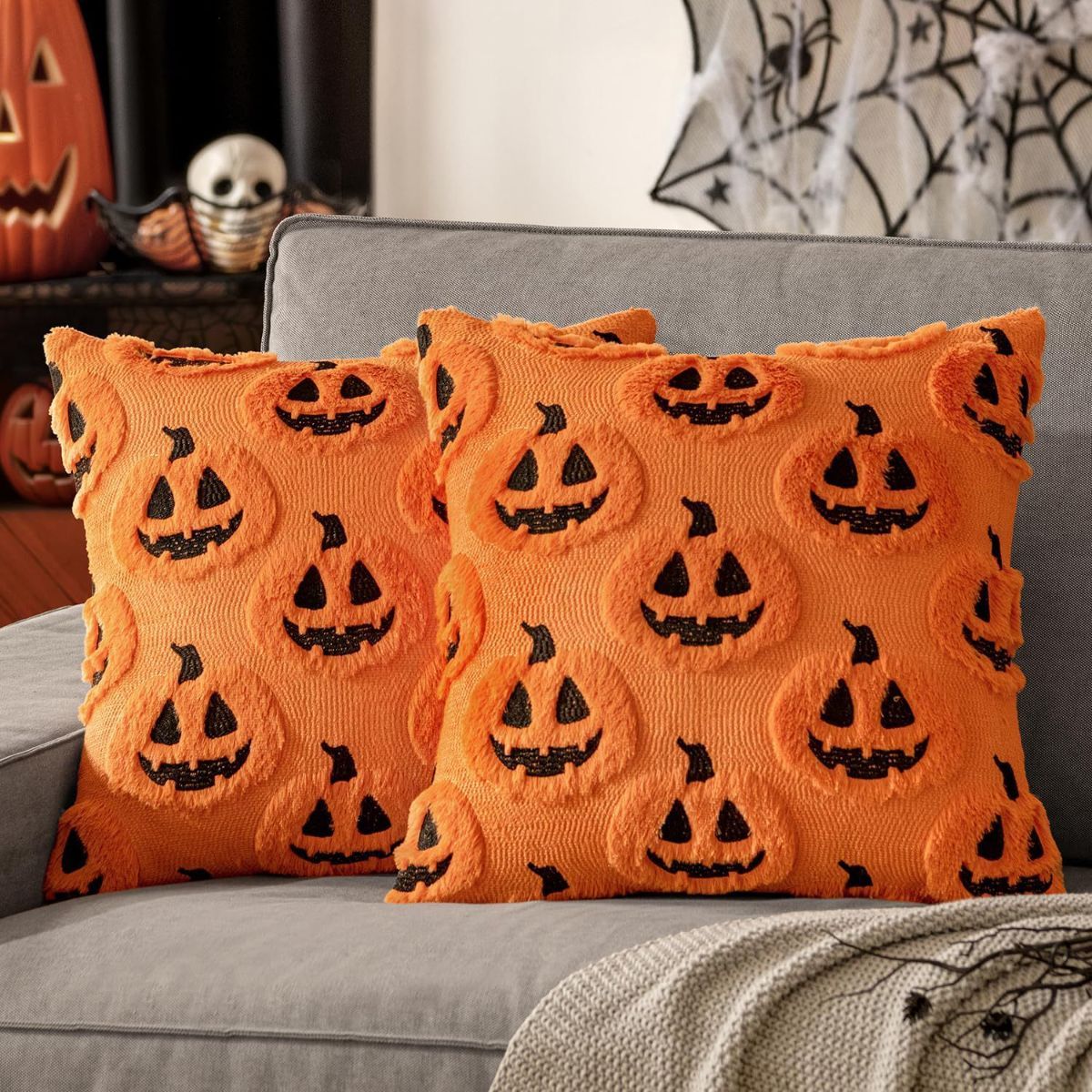 Halloween Pillow Covers Cute Decor Set of 2 18x18 | Soft Plush Faux Fur, Spooky Decor, Fall Decorative Throw Pillows for Couch Sofa Bed Porch Living Room โ image 5