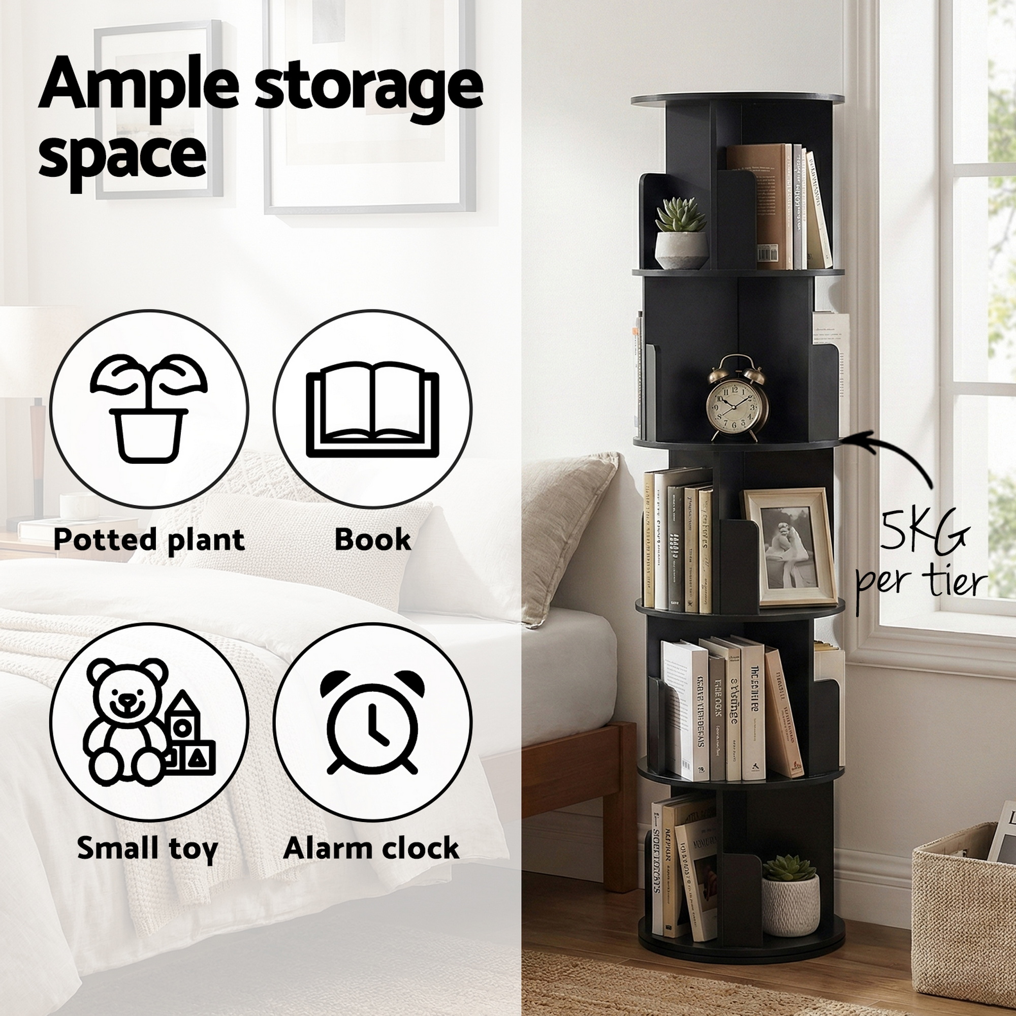 Artiss 5 Tiers Bookshelf Swivel Bookcase Display Shelves Stand Round Black — image 6