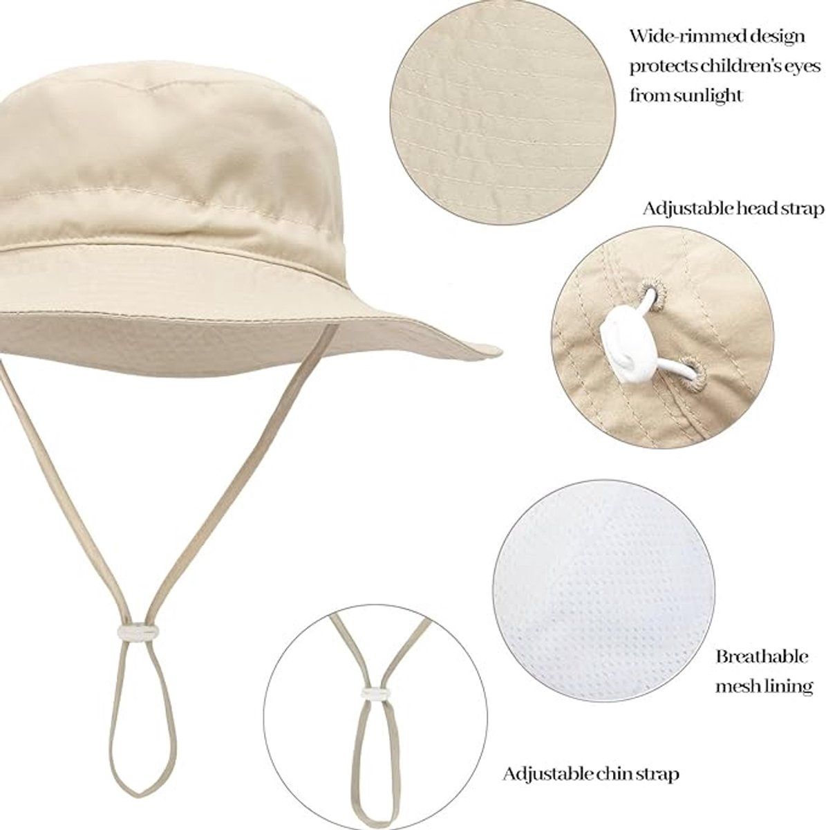 Baby Sun Hat, Breathable Cotton Wide Brim Bucket Hat With Adjustable Chin Strap, XS Beige, 44 to 46 cm β image 4