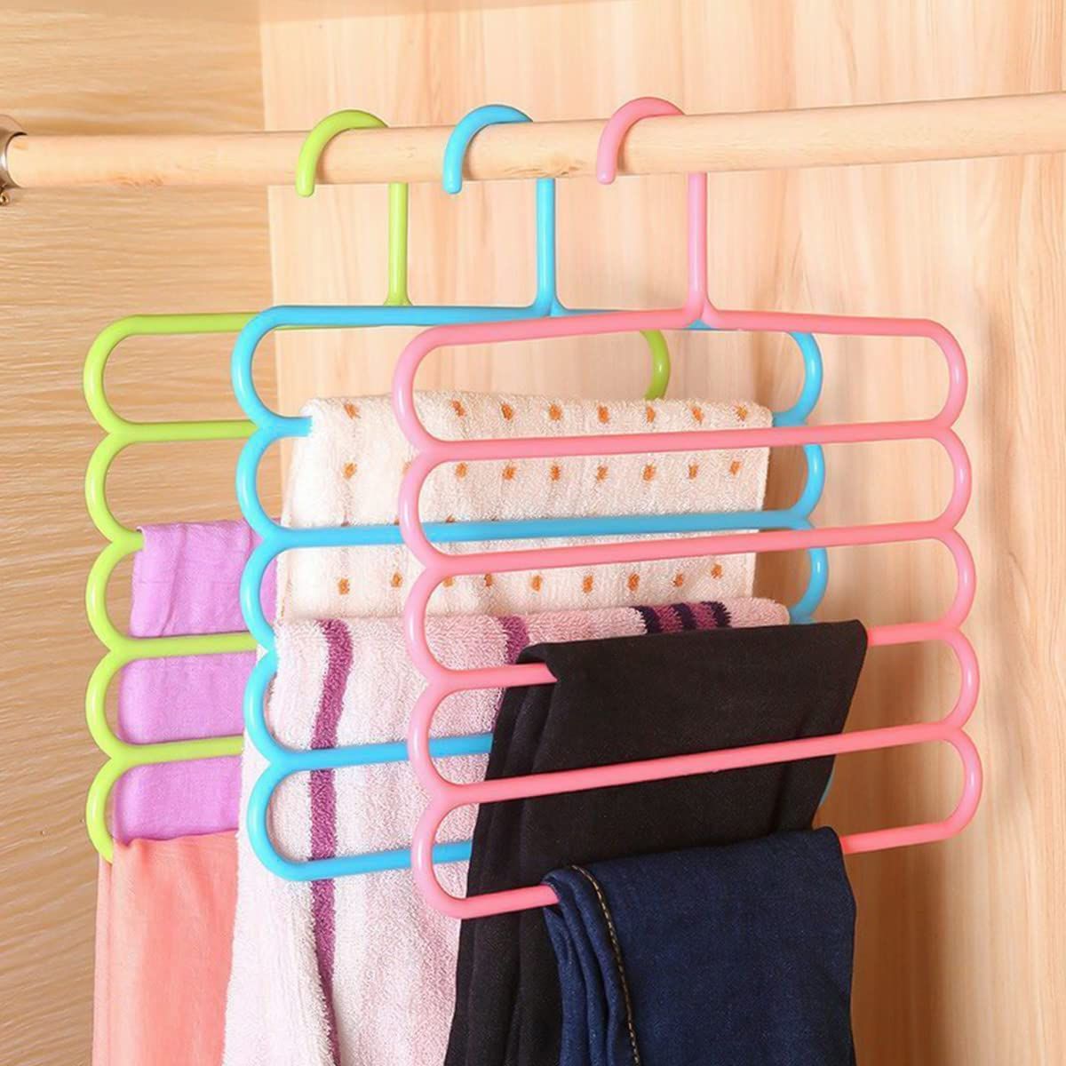 3 Pack Slip Free 5 Layers Closet Pants Organizer, Multifunctional Space Saving Cloth Hanger for Clothes Trousers Scarfs Ties — image 3