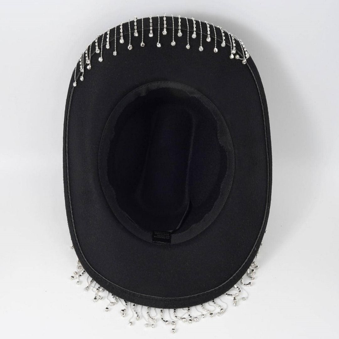 Western Cowboy Hat with Rhinestone Tassel Fringe - White Felt-Style Party Hat with Decorative Chain for Festivals, Weddings and Stage Outfits โ image 4