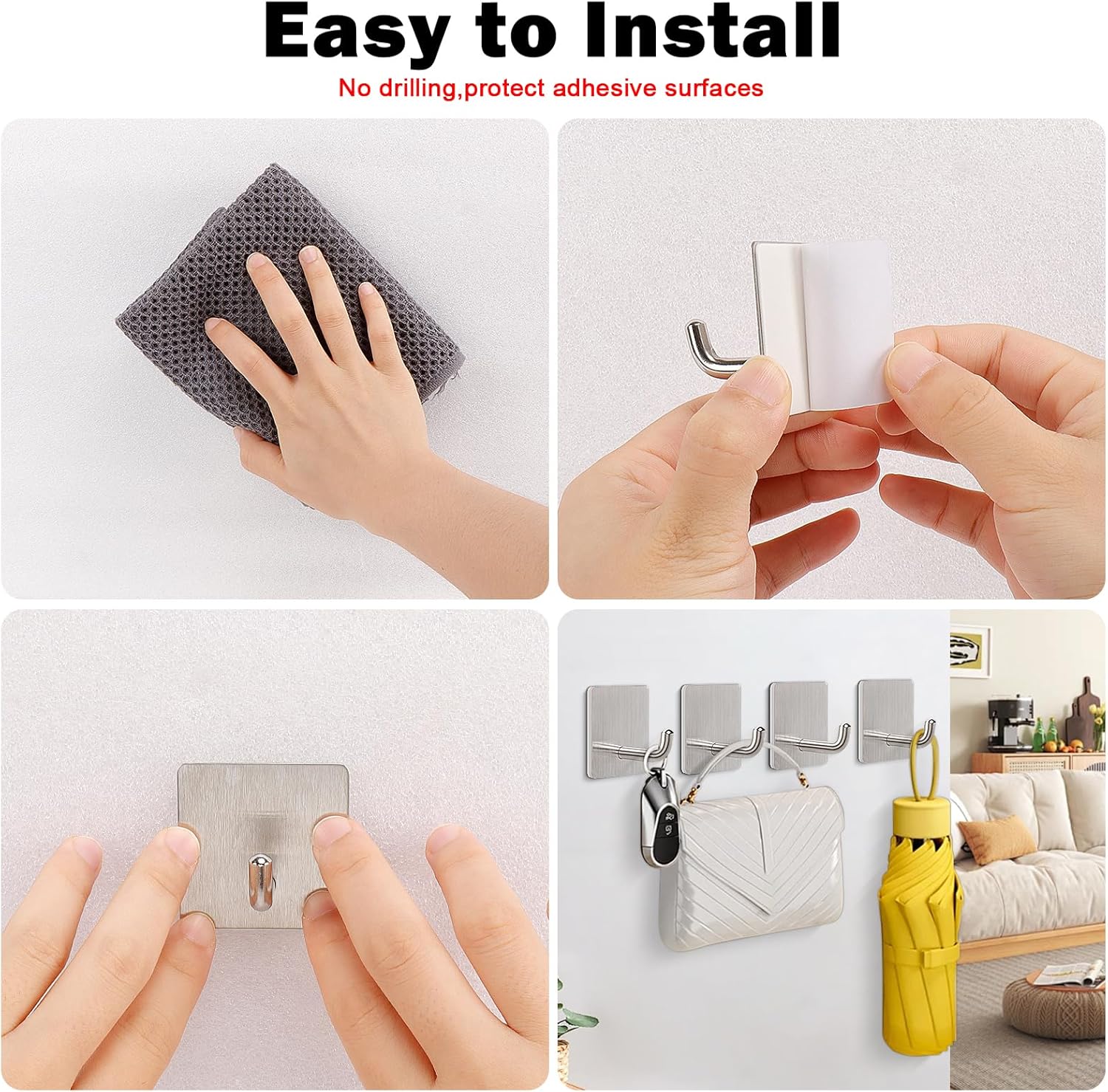 Livabber Adhesive Towel Hooks, 304 Stainless Steel Self Sticky Wall Hooks Waterproof Shower Hooks for Robe/Clothes, No Drilling Towel Hangers for Bathroom β image 5