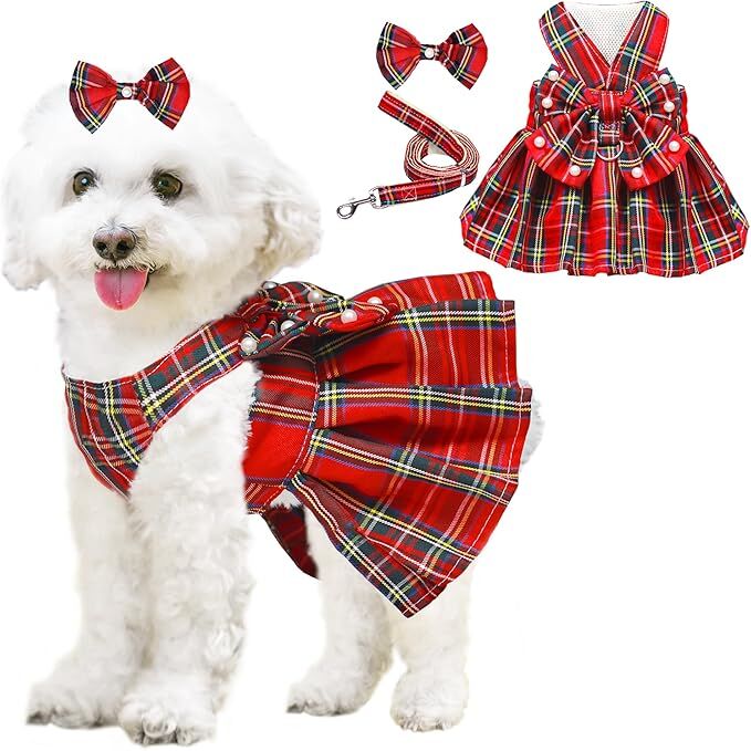 pet products Dog Dress Bowknot Harness Leash Set for Small Dogs Girl Cute Plaid Dog Dress Pearls Bow Tie Spring Summer Princess Clothes Birthday Holiday Doggie