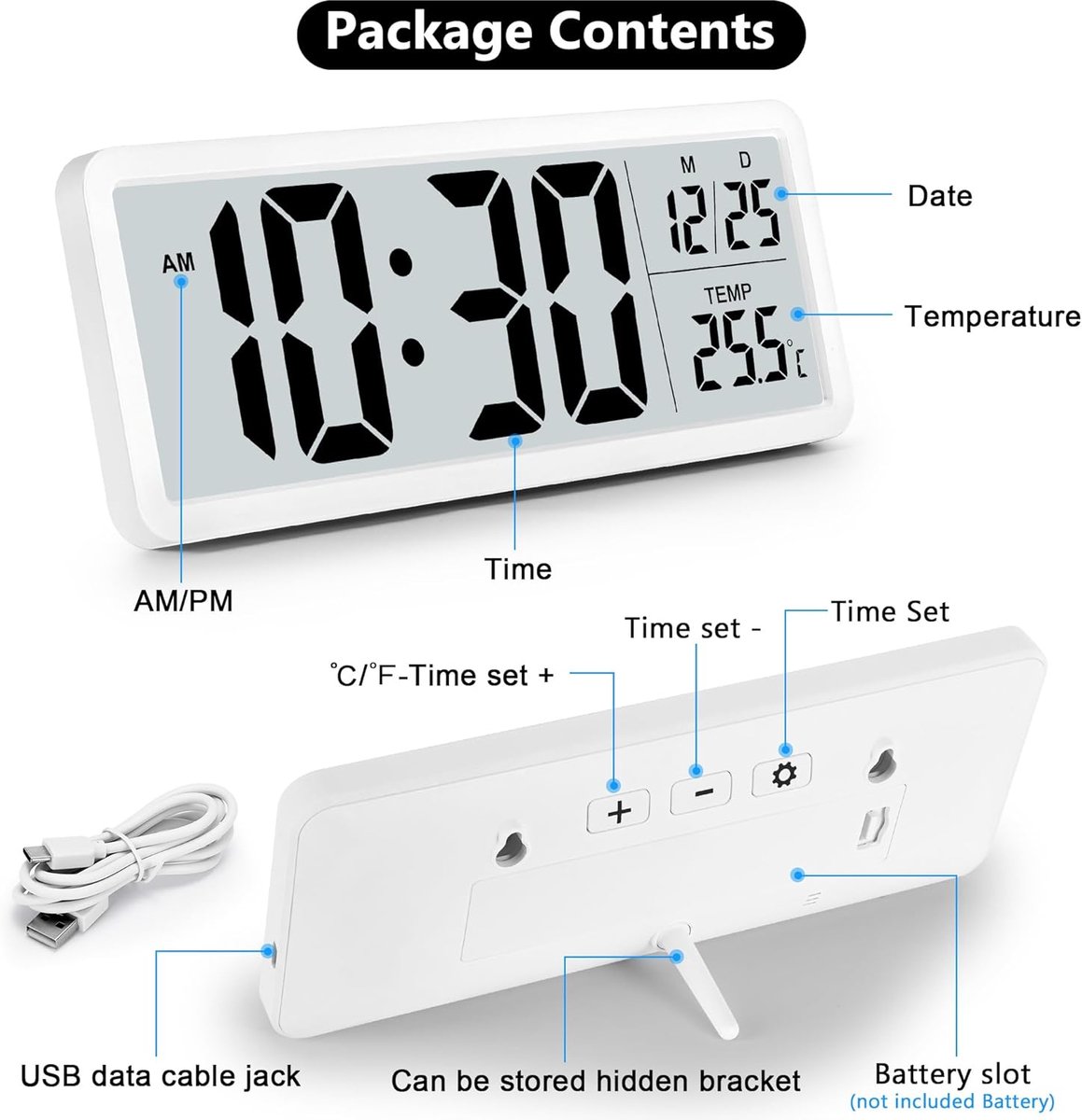 Battery-operated digital wall clock with large numbers, temperature display, 12/24 hour format for office, living room, bedroom, school — image 3