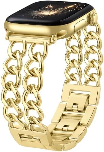 Gold Band Compatible with Apple Watch Bands for Women 40mm 42mm 38mm 41mm 44mm 45mm 46mm, Metal Double Chain Link Design Bracelet Replacement for โ image 4