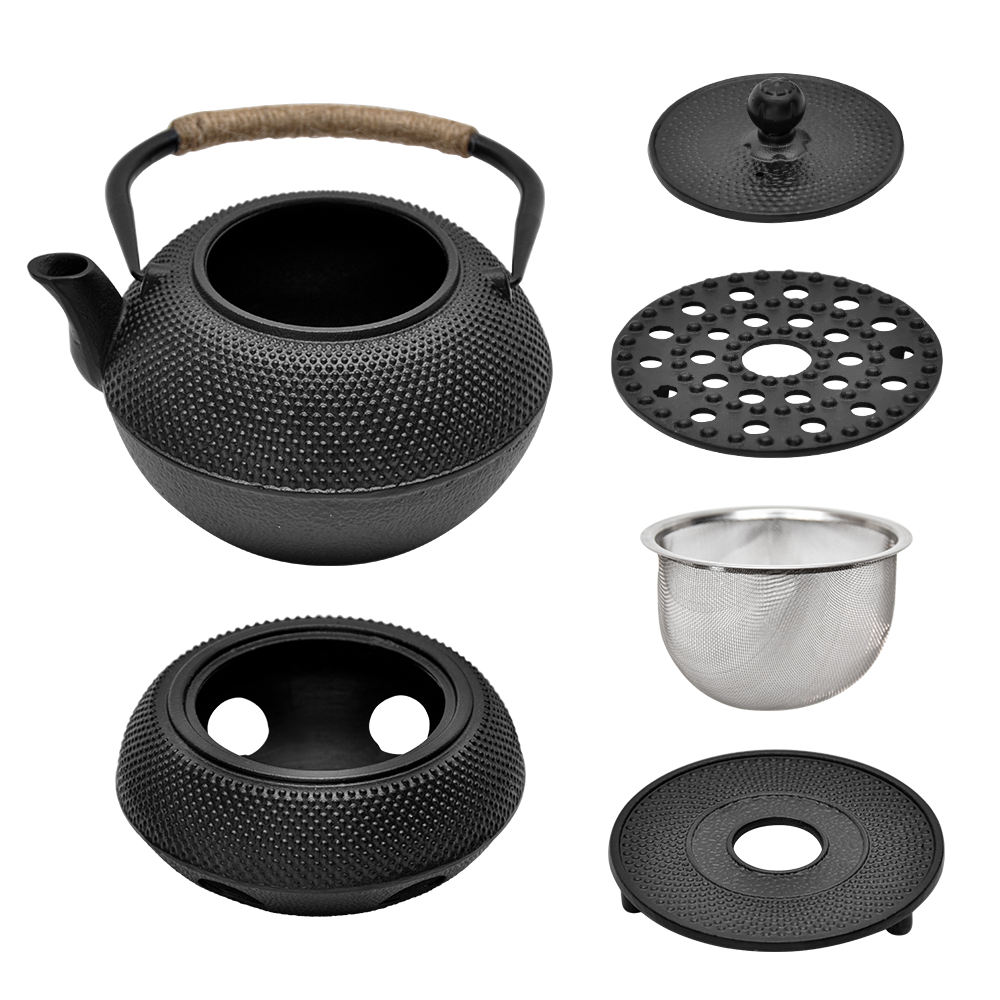 1.2L Cast Iron Teapot and Warmer Set Tea Kettle Iron Bottle With Stainless Steel Mesh Infuser and Anti-Scald Handle Compatible with Multi-Heat Source Black — image 6
