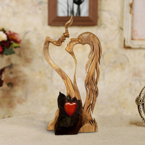 Wooden Love Heart Kissing Couple Abstract Sculpture Romantic Statue Figures — image 4