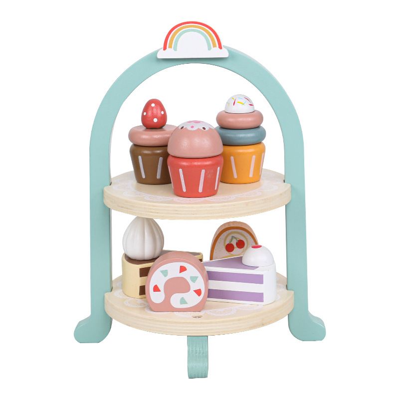 Wooden Cake Toys Tea Party Set, Desserts Food Toy with Cupcake Stand, Kids Pretend Play Kitchen Accessories, Wooden Play Food