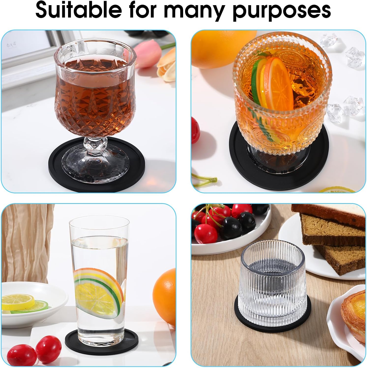 Xindojuz Drink Coasters Set of 4, 3.94 Inch Black Silicone Coasters for Drinks Washable Heat Resistant Durable Non-Slip Round Cup Mats for Coffee Table Wooden — image 6