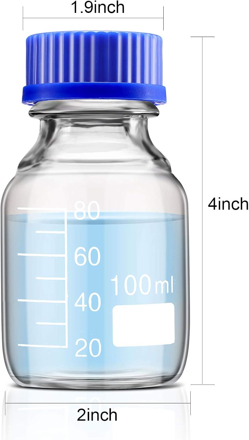 4 Pieces Glass Round Media Storage Glass Bottles Borosilicate Media Bottles with GL45 Blue Screw Cap for Lab Water Reagent Liquids(100 ml) — image 2