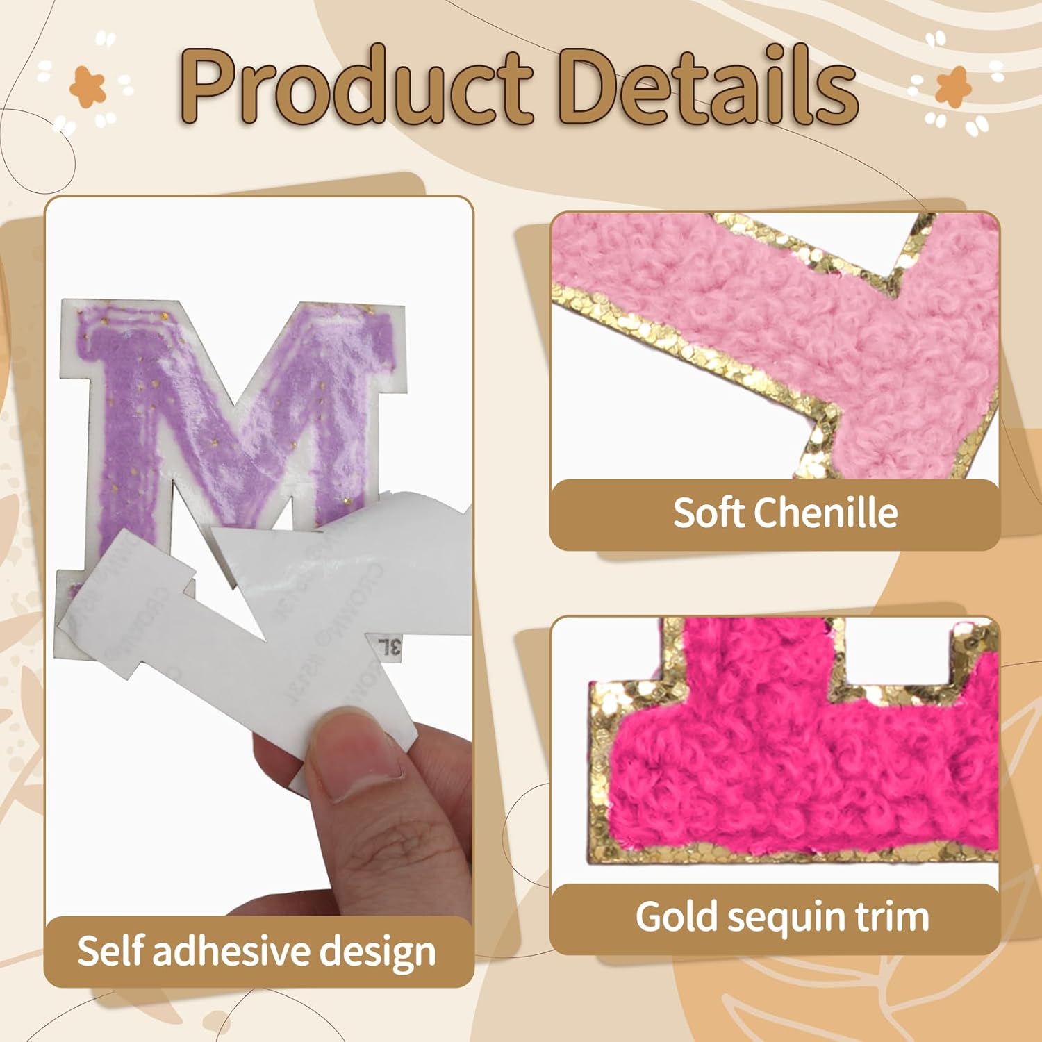 Biaungdo Self Adhesive Chenille Letter Patches, 6 Pcs 2 Inch Varsity Letter Patches Iron on Letter Patches Chenille Patch Large Letter Stickers for Clothes โ image 2
