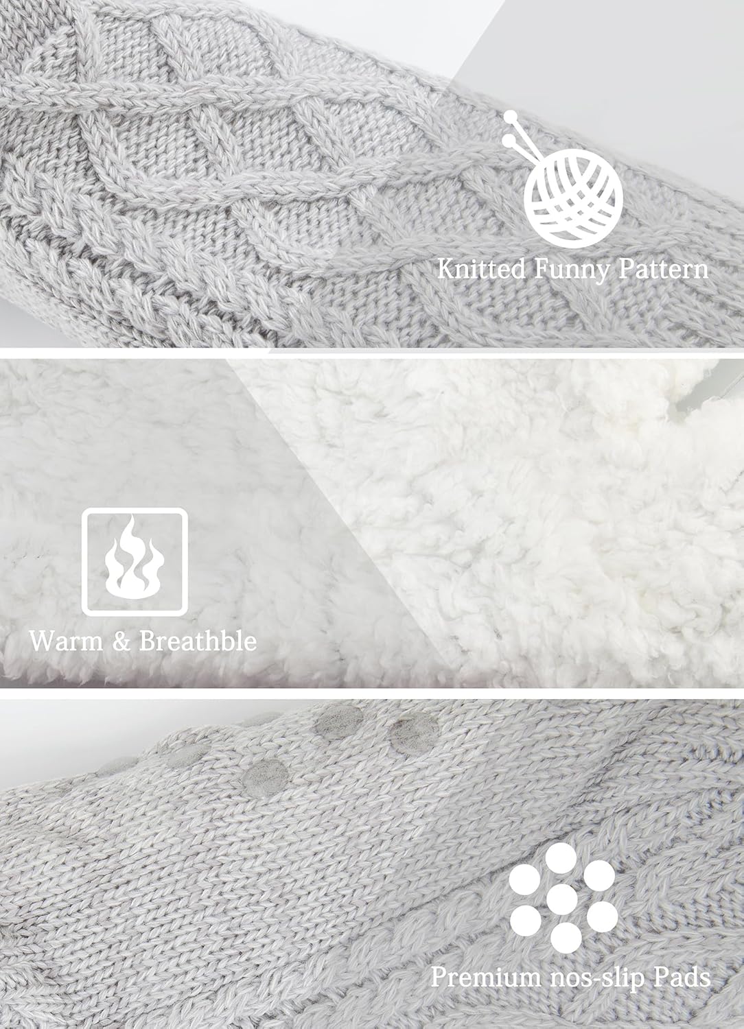 Women Knitted Slipper Socks Cozy Sherpa Fuzzy Non Slip Winter Indoor Double Layer Bedroom Grey Medium Wide — image 3