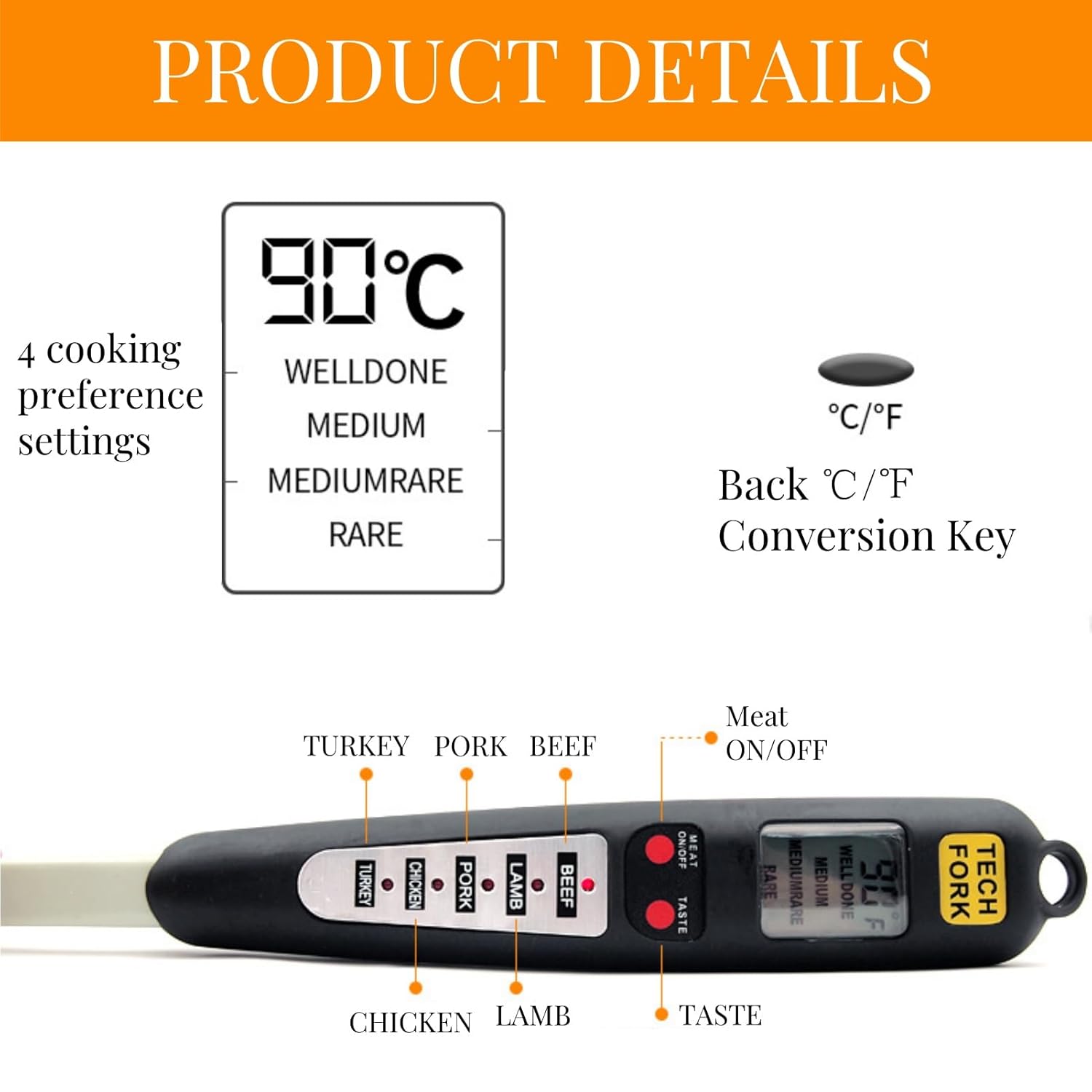 Digital Meat Thermometer Fork, Fast Read Grill Thermometer with LED Display and Stainless Steel Probes for Steak Chicken Pork Turkey Hot Grilled Food — image 2