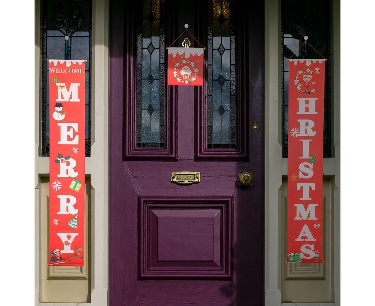 Merry Christmas Santa Elk Snowman Print Hanging Banner Sign Flag Xmas Door Decor-Red โ image 3