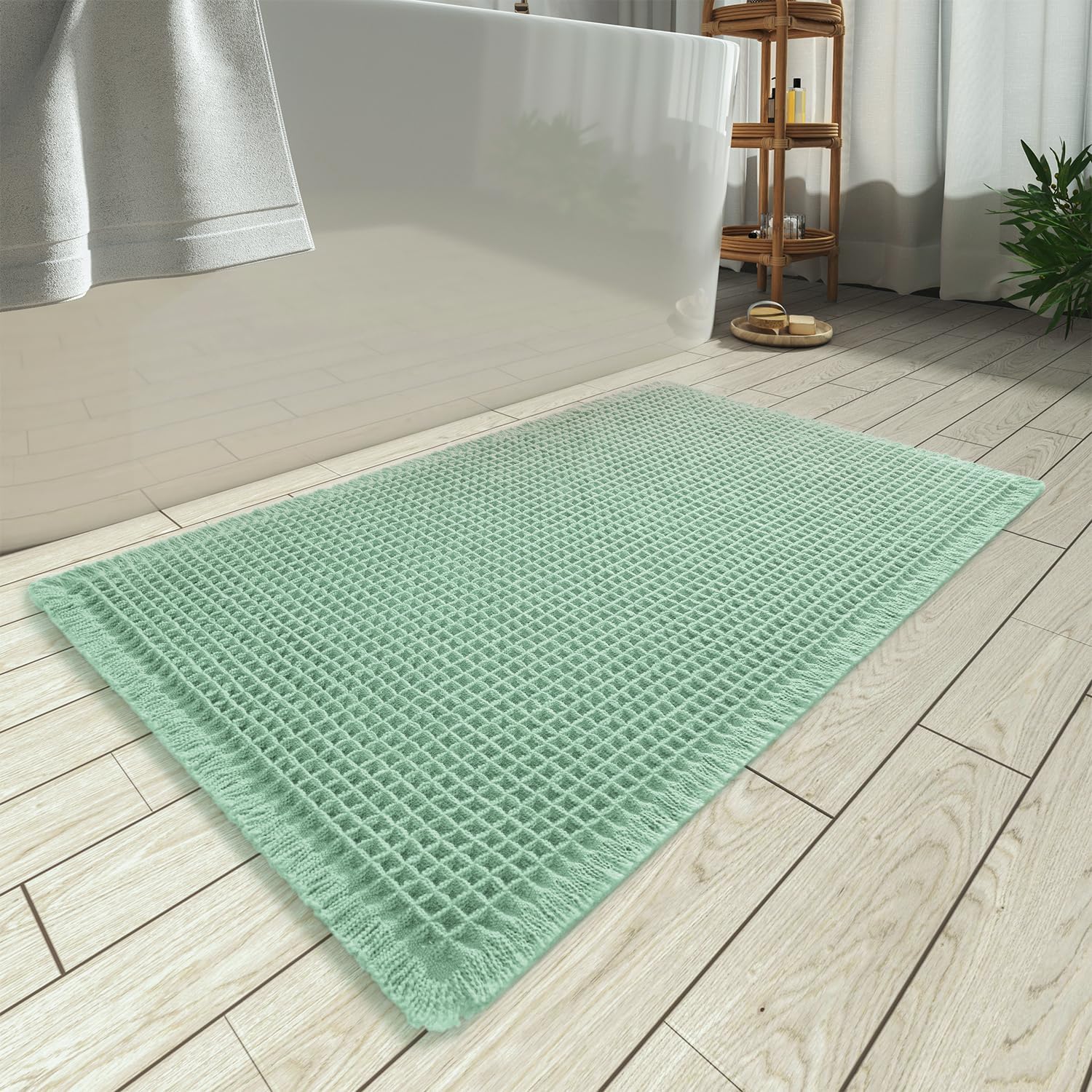 Upgraded Waffle Bath Mat, Super Absorbent Non Slip Mats for Bathroom Floor, Machine Washable Rugs with Tassels, Rubber Backed Mats, Ultra Soft, 17" x 24", Sage