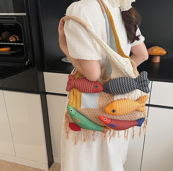 Boho Knit Tote Bag with 3D Fish Applique – Patchwork Shoulder Bag for Women, Beach, Travel & Daily Use – Soft Fringe Design (Khaki) — image 4