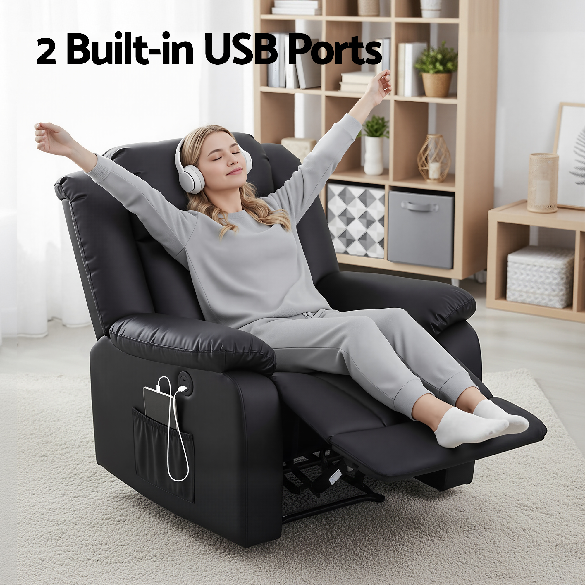 Artiss Manual Massage Recliner Chair for Living Room, Leather Sofa Lounge Reclining Chair with 2 USB Port, 160° Recline Reading Chair with 20CM Wide Armrests — image 5