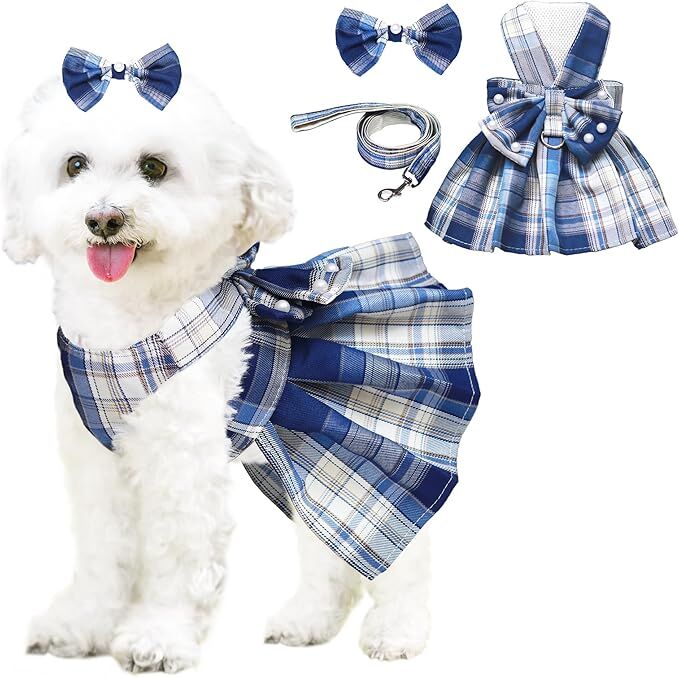 pet products Dog Dress Bowknot Harness Leash Set for Small Dogs Girl Cute Plaid Dog Dress Pearls Bow Tie Spring Summer Princess Clothes Birthday Holiday Doggie