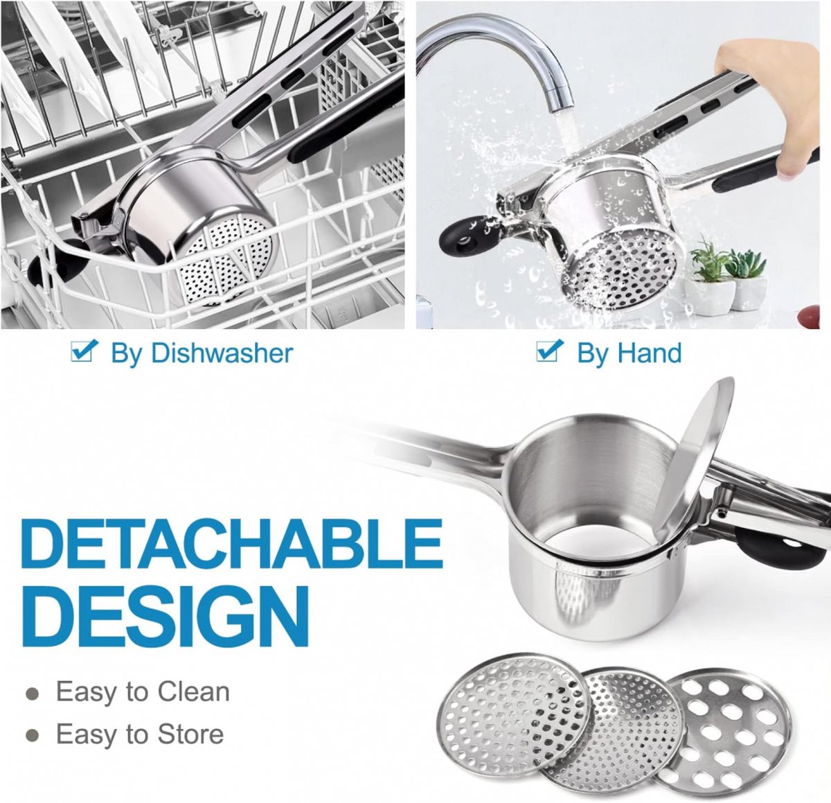 Stainless Steel Potato Press - Potato Squeezer - Potato Masher - Includes 3 Different Texture Discs - Can Be Hanged - Making Potato Puree - Dishwasher Safe — image 4