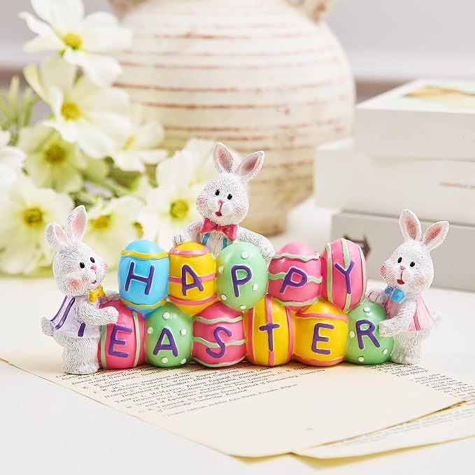 3 Bunny Holding Eggs and Happy Easter Decorations, Resin Easter Bunny Rabbits Figurine Tabletop Centerpiece for Spring Decor Easter Home Office Party Decor — image 4