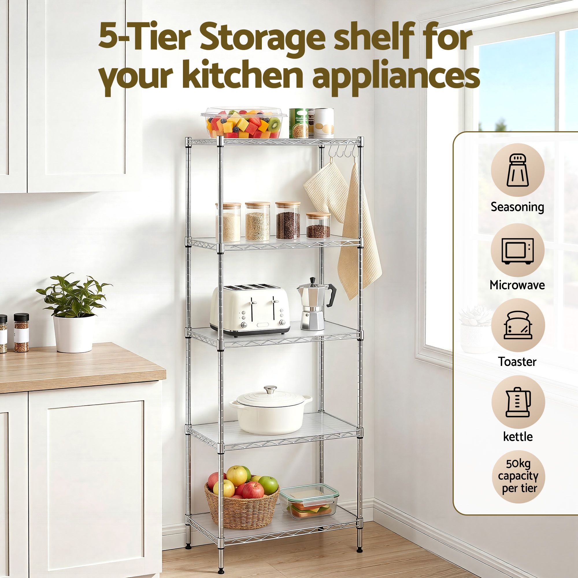Artiss 5-Tier Kitchen Rack Shelf Shelving Unit 60x35x150CM Adjustable Metal Storage Shelves Silver — image 6