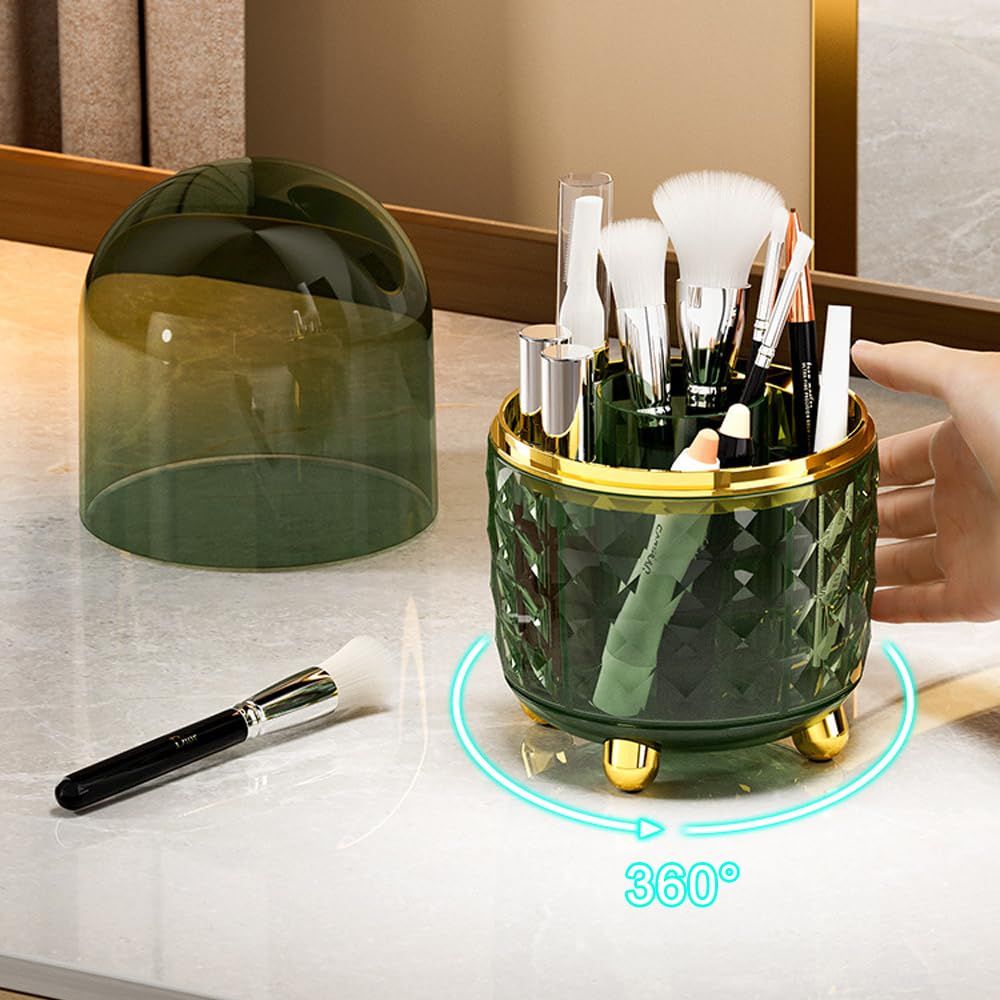 Makeup Brush Holder with Dustproof Lid, 360° Rotating Makeup Organizer, Spinning Cosmetic Organizer Pen Holder for Vanity Bathroom — image 4