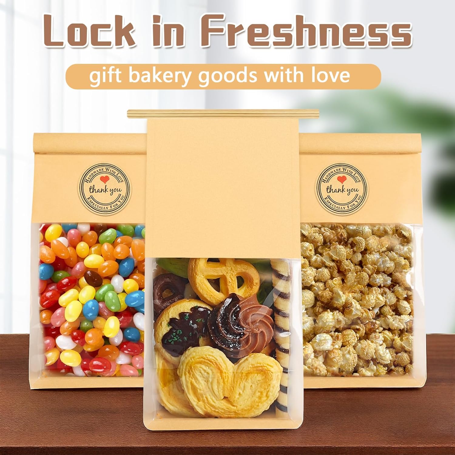50 Pack Cookie Bags with Seal, 8.2x3.9x3.1 Inch Tin Tie Tab Lock Bakery Bags with Window Resealable Paper Packaging Bag for Muffin, Granola, Candies, Scone — image 5