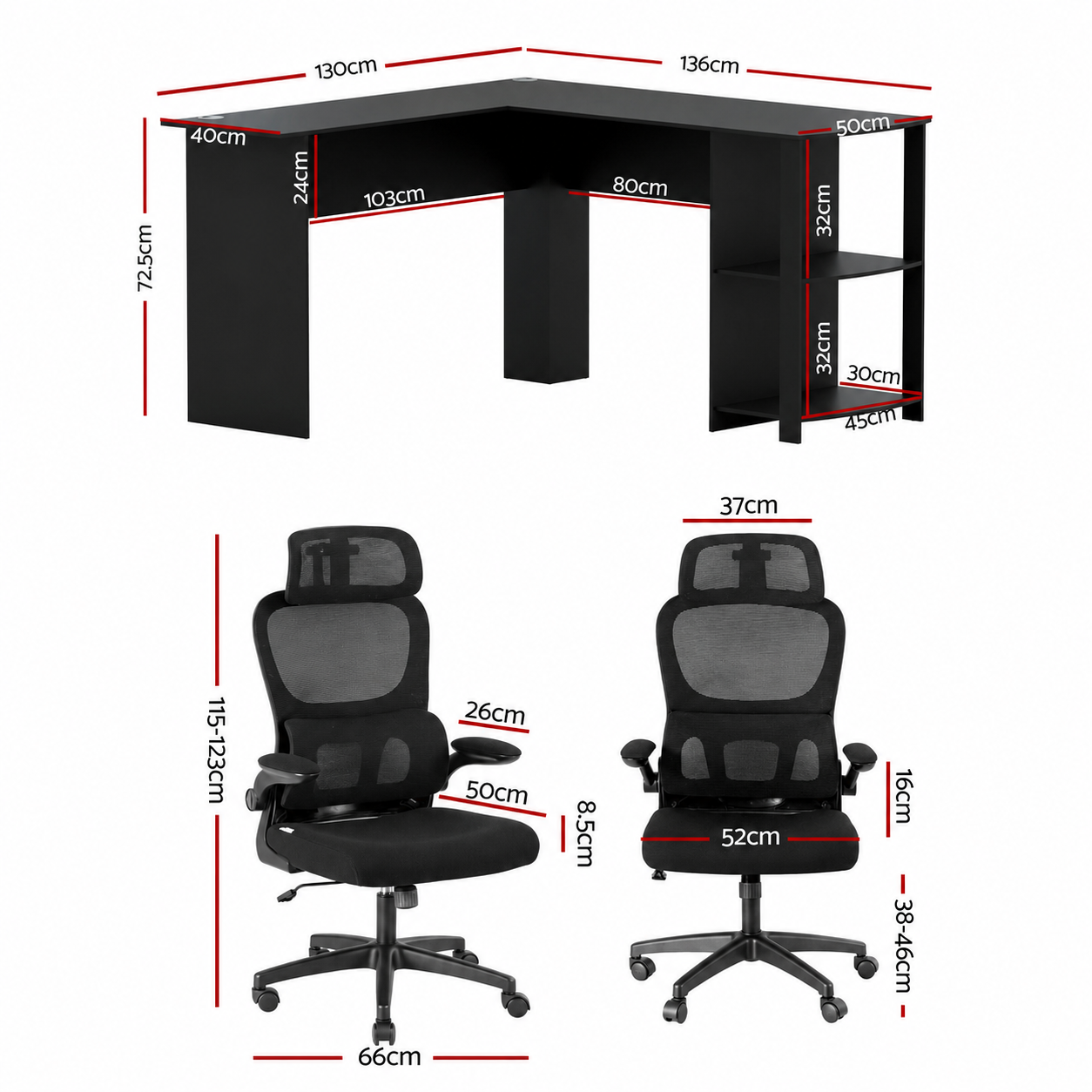 Artiss Office Desk and Chair Set L Shaped Computer Desk 136cm with 2 Tier Storage Shelves, Ergonomic Mesh Office Chair with Adjustable Headrest — image 2