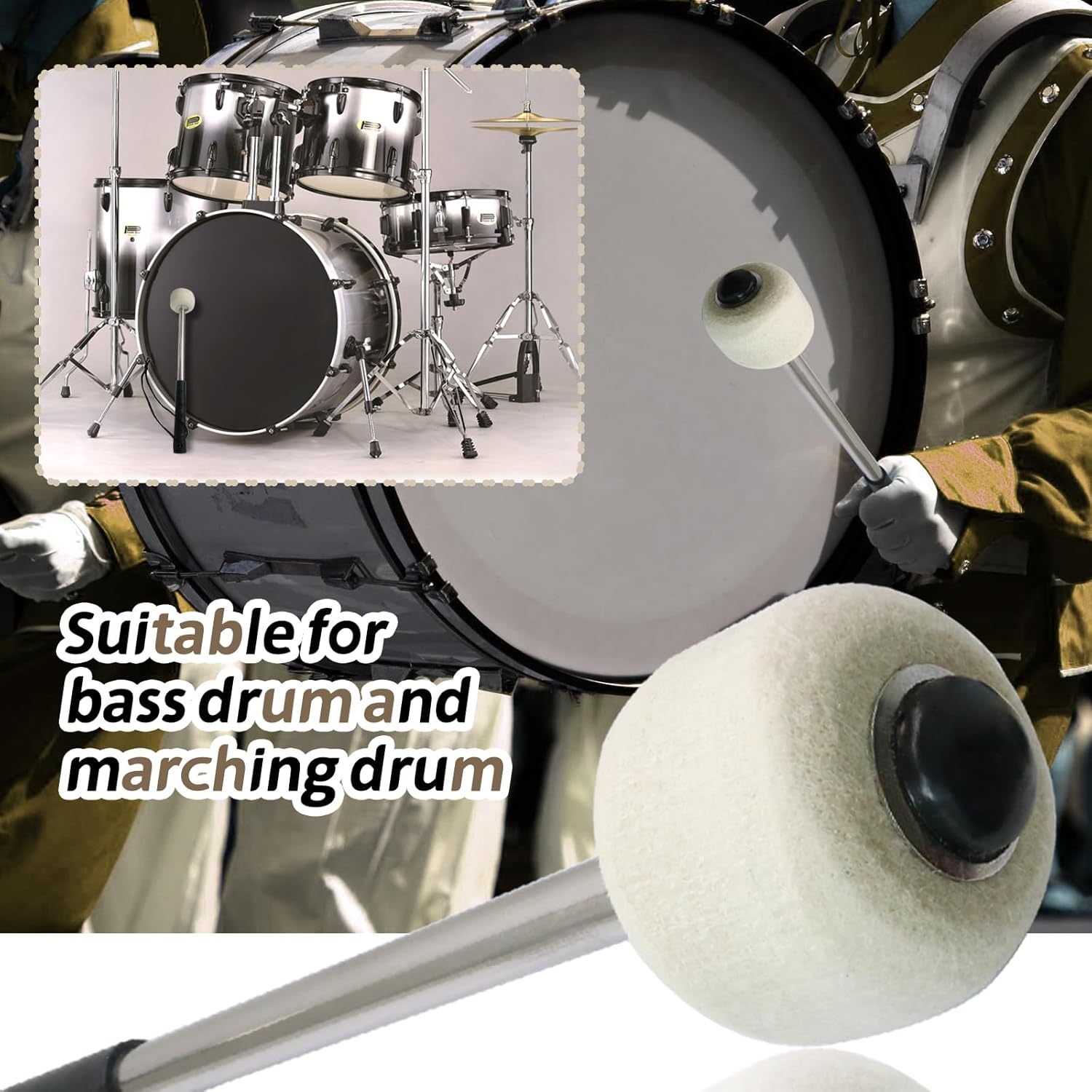 Biaungdo 2 Pack Drum Mallet, 32cm/12.6" Wool Felt Drum Stick, Bass Drum Mallet Drum Stick, Anti-slip Bass Percussion Sticks with Stainless Steel Handle, Beige โ image 6
