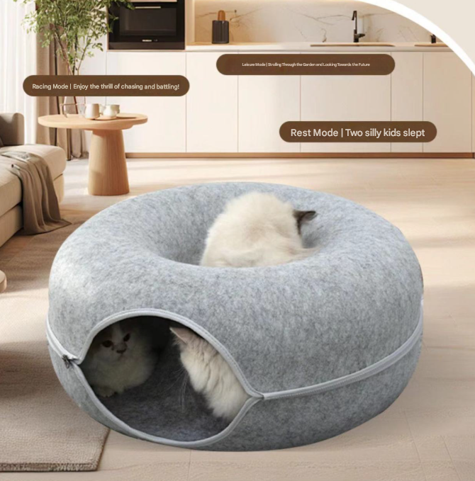 Beige Felt Donut Cat Bed with Zipper Tunnel Toy, Double-Layer Pet Cave for Cats, M Size (50x20cm), Cozy Hideaway for Indoor Cats — image 5