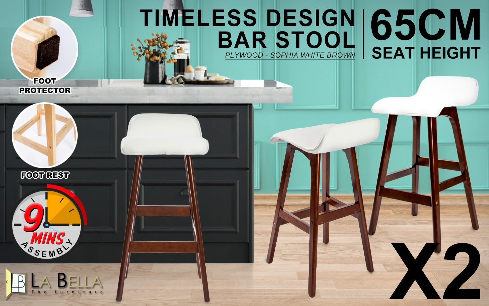 2X Wooden Bar Stool Dining Chair Leather SOPHIA 65cm WHITE BROWN โ image 2