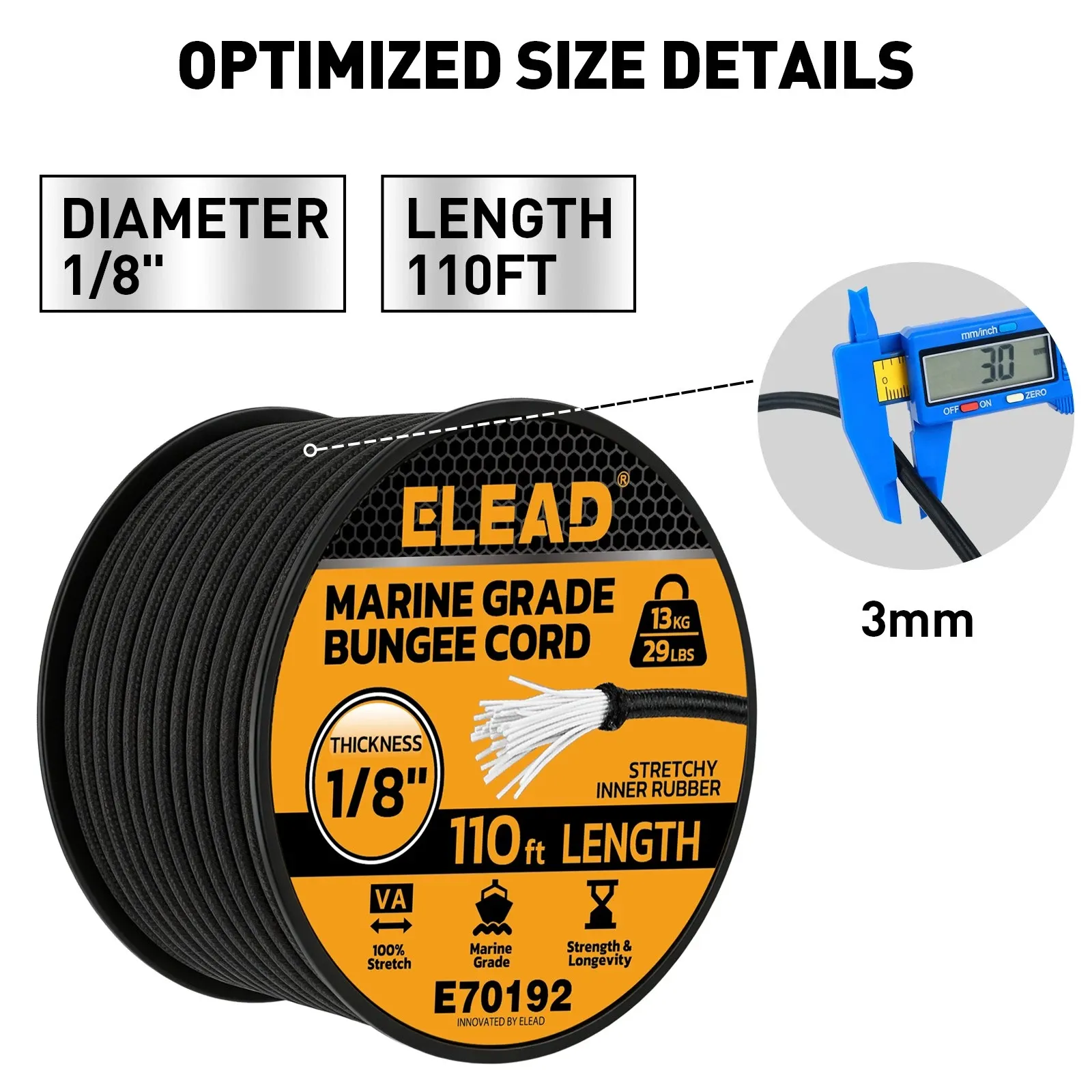 ELEAD 1/8" x 110FT Elastic Bungee Cord Roll 3mm Marine Grade Shock Cord 29lbs — image 2