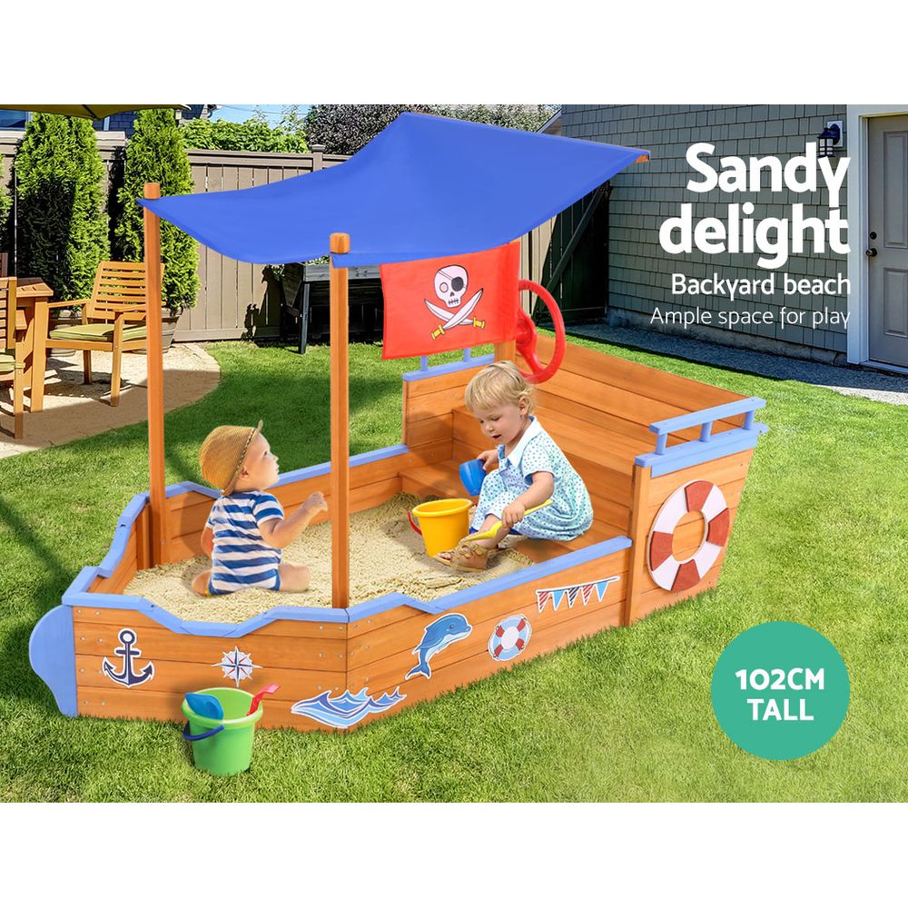 Keezi Kids Sandpit Wooden Boat Sand Pit with Canopy Bench Seat Beach Toys 165cm โ image 3