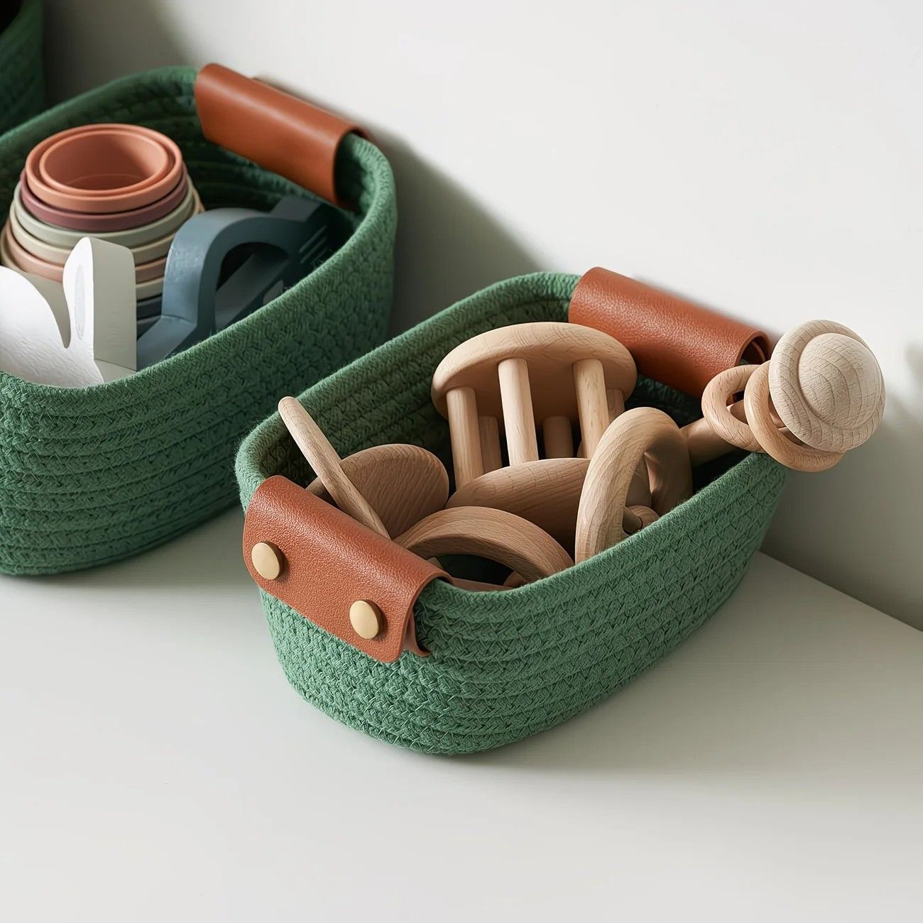 5-piece cotton rope storage basket set, cotton woven with leather handles, multiple sizes for organizing desk sundries, beautiful and practical to enhance โ image 4