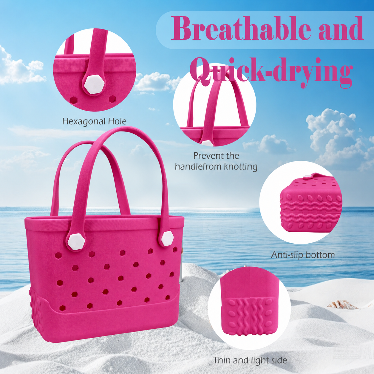 Waterproof Hexagon Mesh Beach Bag - Large Capacity Travel Storage Tote for Swimwear Towel Sunglasses - Rose Red Small 28x21x11cm โ image 3