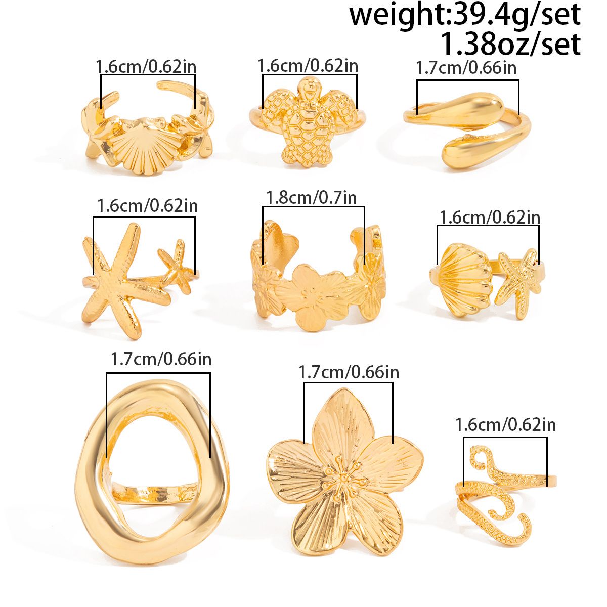 9-Piece Pale Gold Ocean-Inspired Stackable Ring Set - Metal Sea Turtle Starfish Floral Adjustable Open Finger Jewelry for Women — image 4