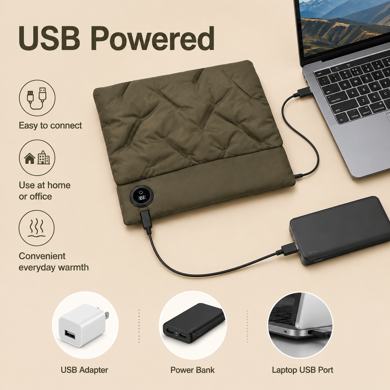 Rechargeable Hand Warmer Muff, USB Electric Heating Pad with Digital Display Temperature Control, 3 Heat Levels Portable Far Infrared Heated Cushion for — image 2