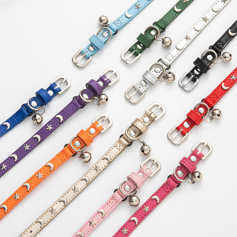 3 pcs Light blue Stylish PU Leather Pet Collar - Anti-Loss, Puppy Bell, Star & Moon Design Width 1.2cm Total Length 35cm — image 4