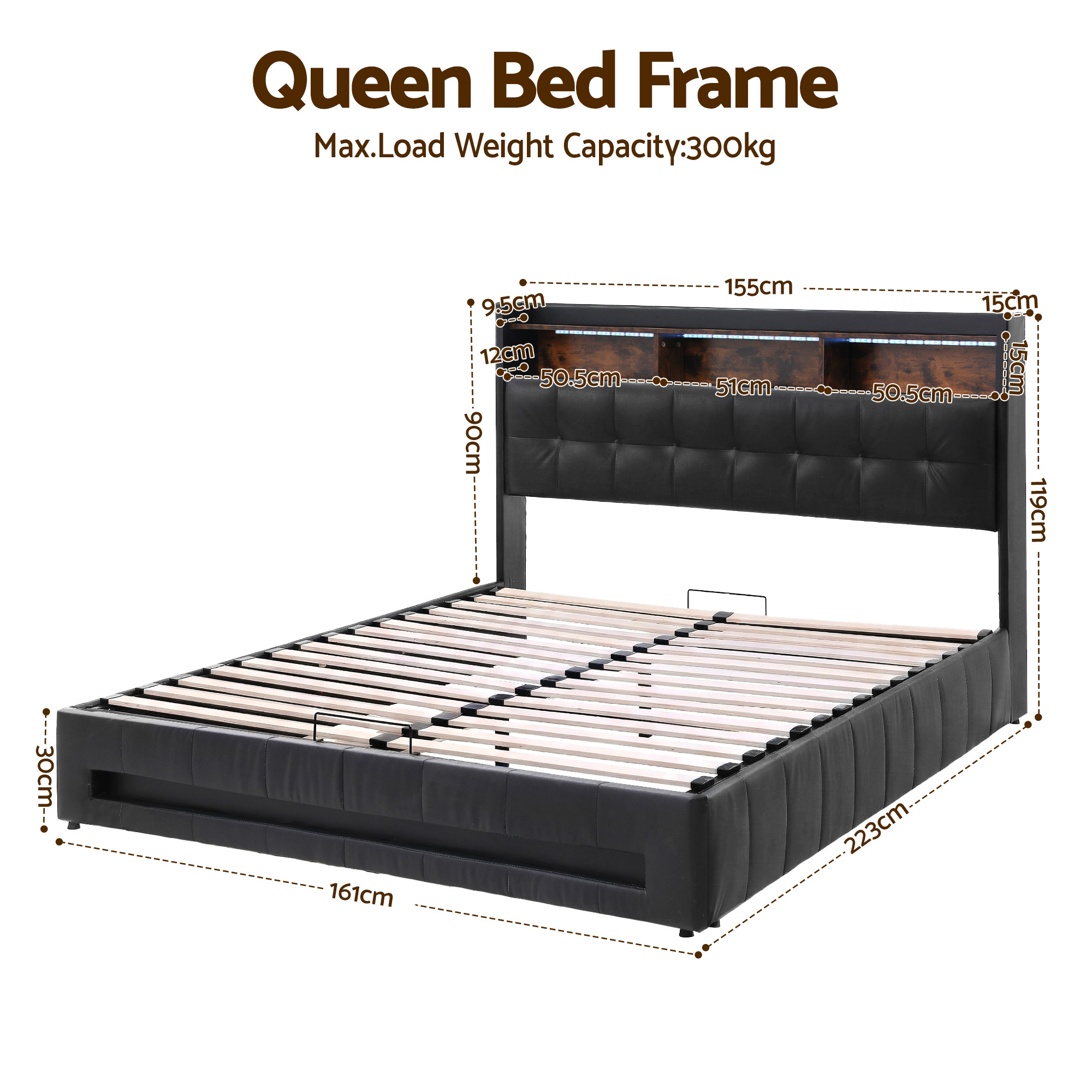 Artiss Queen Bed Frame with Gas Lift Storage LED Lights Charging Station Headboard with Open Shelf โ image 2