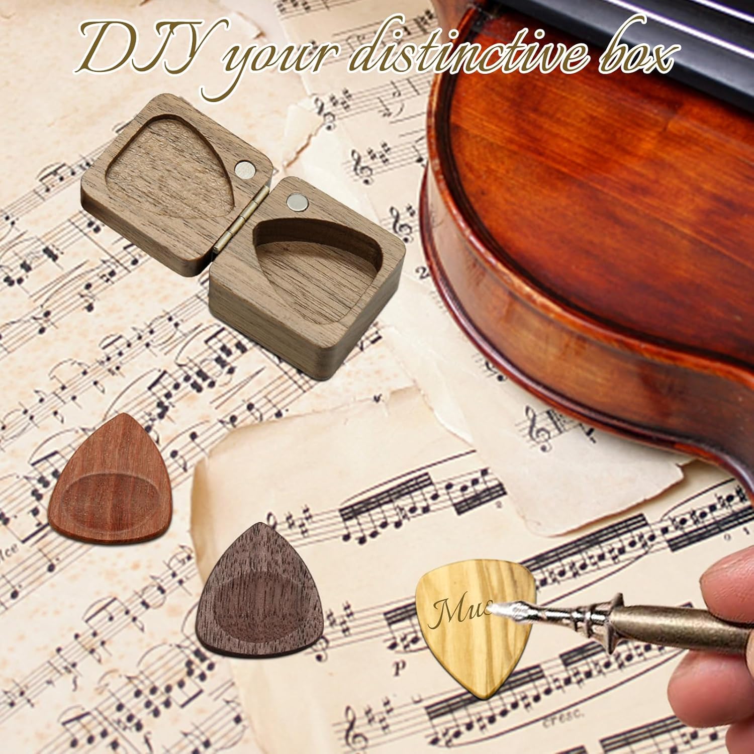 Wood Guitar Picks with Guitar Pick Box, Personalized Guitar Picks Holder, Guitar Pick Case Storage for Boyfriend Coworker Son Husband, Guitar and Bass — image 4