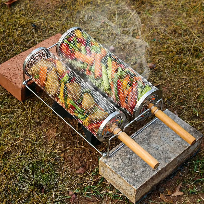 2-Pack Stainless Steel Rotating Grill Baskets with Removable Wooden Handle – Durable 304 Mesh for Veggies, Prawns & More – Perfect for BBQ, Camping & Outdoor — image 6