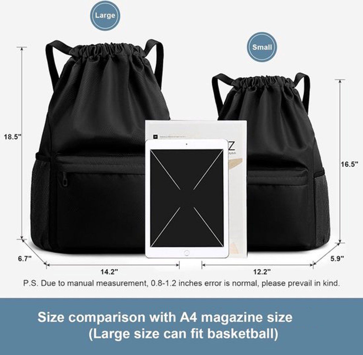 Drawstring Gym Backpack, Water Resistant Sports Bag With Wet Dry Compartment And Multiple Pockets, For Men And Women Travel Swim Yoga, Black, 18.5 in โ image 5