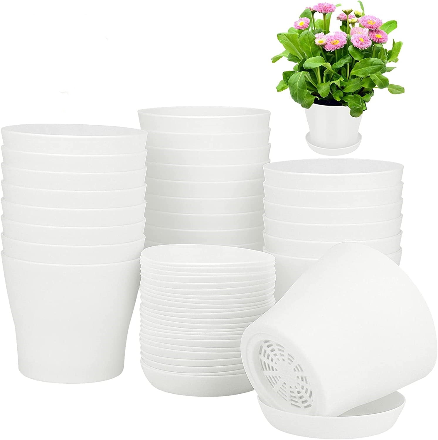 Pots for Plants, 8 Pack 4.8 inch Plastic Planters with Multiple Drainage Holes and Trays - Plant Pots for All Home Garden Flowers Succulents (White)