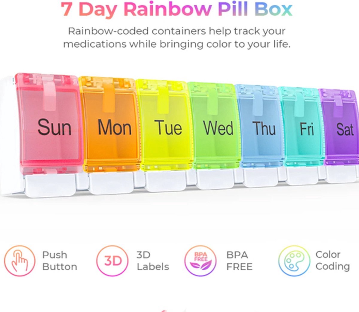 Pill Box | Medicine Box | Pill Box | Sunday to Saturday | 7 Days | 1 Week | Push Button | Multicolor — image 5