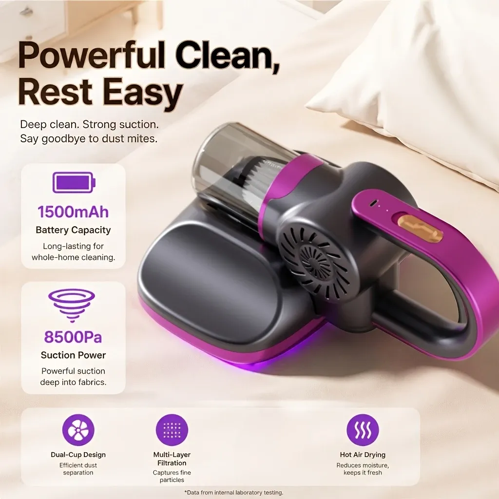 Cordless Mite Vacuum UV Sterilizer 8500Pa Suction HEPA Filter Warm Air, Mattress Sofa Pet Bed Dust Mite Remover./purple — image 2