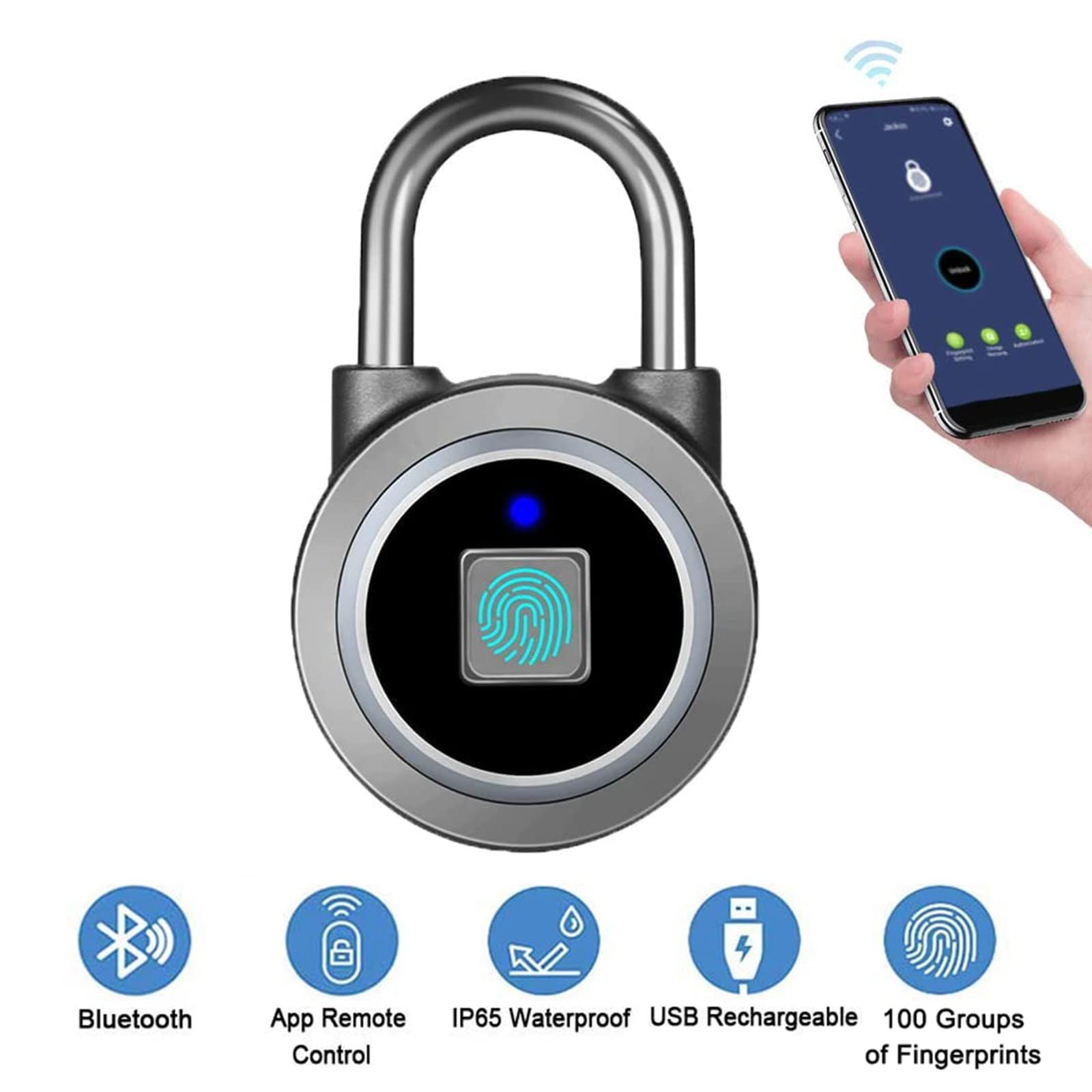 Fingerprint Padlock, Bluetooth Lock, Mobile APP, Smart Padlock with Keyless Biometric, Water Resistant, Suitable for Gym, (Grey) — image 2
